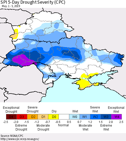 Ukraine, Moldova and Belarus SPI 5-Day Drought Severity (CPC) Thematic Map For 5/1/2019 - 5/5/2019