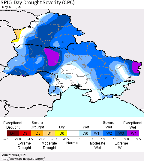 Ukraine, Moldova and Belarus SPI 5-Day Drought Severity (CPC) Thematic Map For 5/6/2019 - 5/10/2019