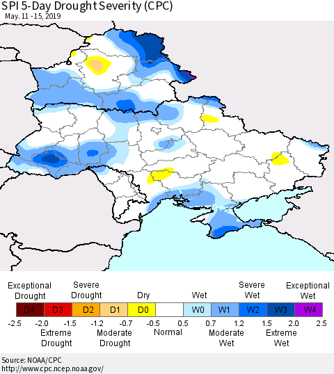 Ukraine, Moldova and Belarus SPI 5-Day Drought Severity (CPC) Thematic Map For 5/11/2019 - 5/15/2019
