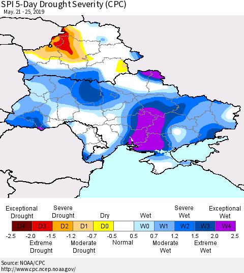 Ukraine, Moldova and Belarus SPI 5-Day Drought Severity (CPC) Thematic Map For 5/21/2019 - 5/25/2019