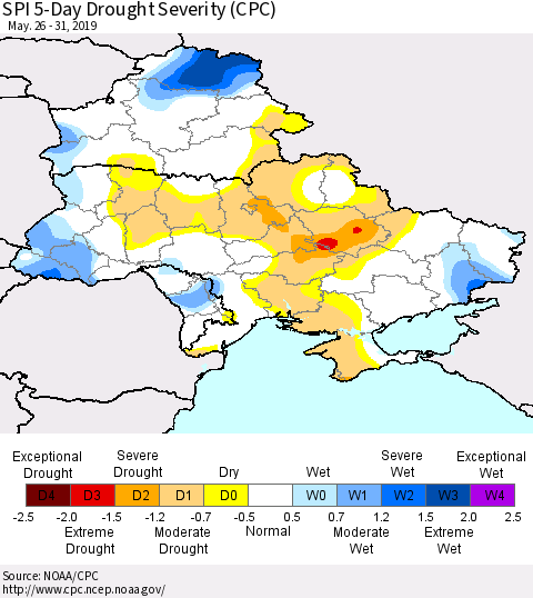 Ukraine, Moldova and Belarus SPI 5-Day Drought Severity (CPC) Thematic Map For 5/26/2019 - 5/31/2019
