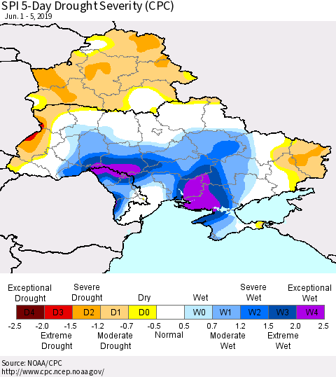 Ukraine, Moldova and Belarus SPI 5-Day Drought Severity (CPC) Thematic Map For 6/1/2019 - 6/5/2019