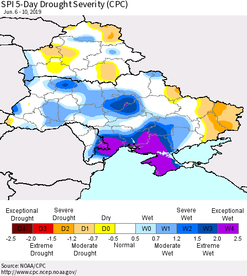 Ukraine, Moldova and Belarus SPI 5-Day Drought Severity (CPC) Thematic Map For 6/6/2019 - 6/10/2019