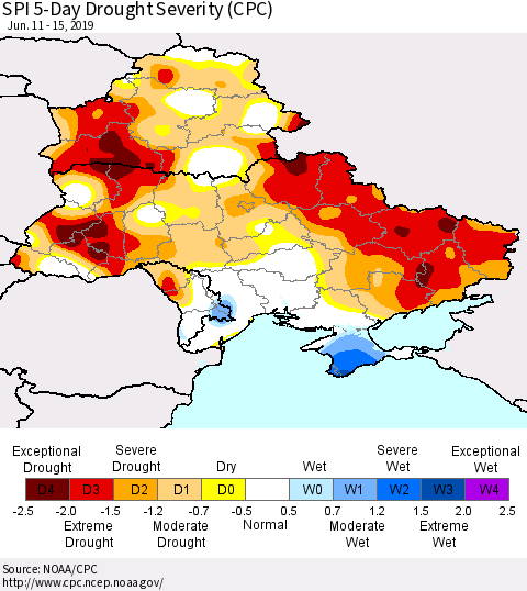 Ukraine, Moldova and Belarus SPI 5-Day Drought Severity (CPC) Thematic Map For 6/11/2019 - 6/15/2019