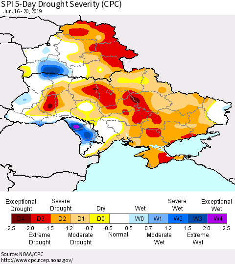 Ukraine, Moldova and Belarus SPI 5-Day Drought Severity (CPC) Thematic Map For 6/16/2019 - 6/20/2019