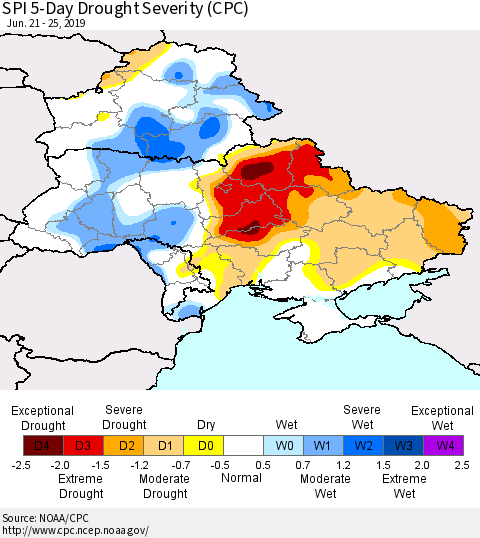 Ukraine, Moldova and Belarus SPI 5-Day Drought Severity (CPC) Thematic Map For 6/21/2019 - 6/25/2019