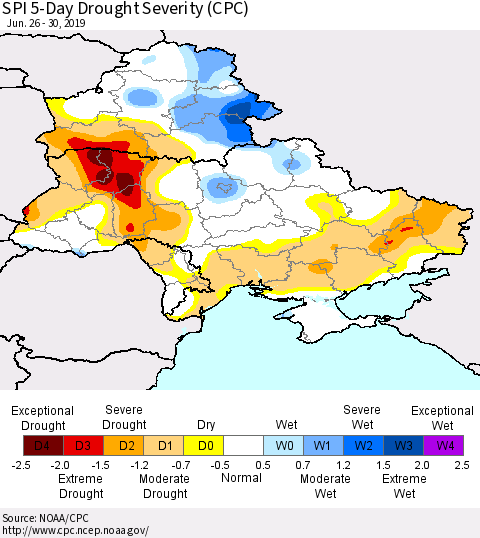 Ukraine, Moldova and Belarus SPI 5-Day Drought Severity (CPC) Thematic Map For 6/26/2019 - 6/30/2019