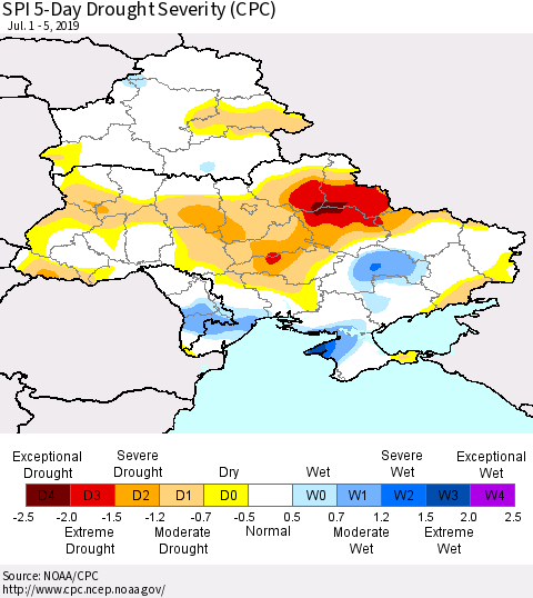 Ukraine, Moldova and Belarus SPI 5-Day Drought Severity (CPC) Thematic Map For 7/1/2019 - 7/5/2019