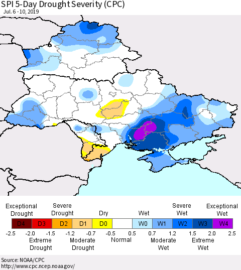 Ukraine, Moldova and Belarus SPI 5-Day Drought Severity (CPC) Thematic Map For 7/6/2019 - 7/10/2019