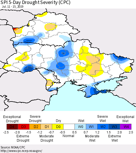 Ukraine, Moldova and Belarus SPI 5-Day Drought Severity (CPC) Thematic Map For 7/11/2019 - 7/15/2019
