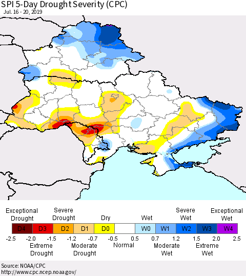 Ukraine, Moldova and Belarus SPI 5-Day Drought Severity (CPC) Thematic Map For 7/16/2019 - 7/20/2019