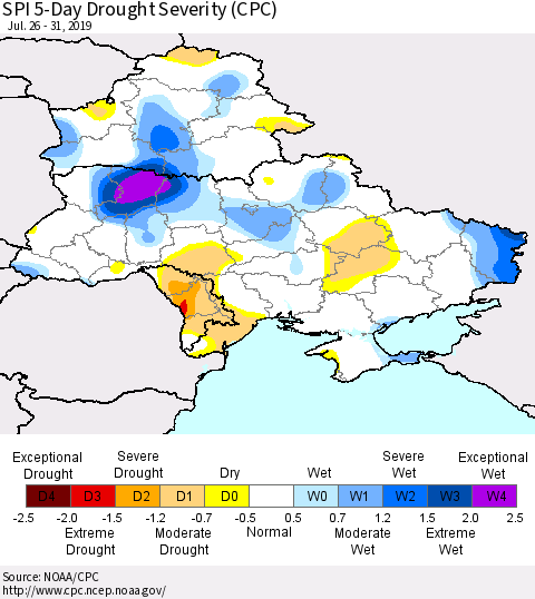 Ukraine, Moldova and Belarus SPI 5-Day Drought Severity (CPC) Thematic Map For 7/26/2019 - 7/31/2019