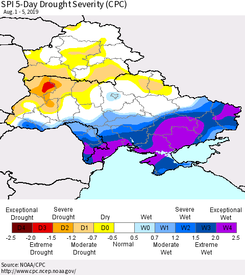 Ukraine, Moldova and Belarus SPI 5-Day Drought Severity (CPC) Thematic Map For 8/1/2019 - 8/5/2019