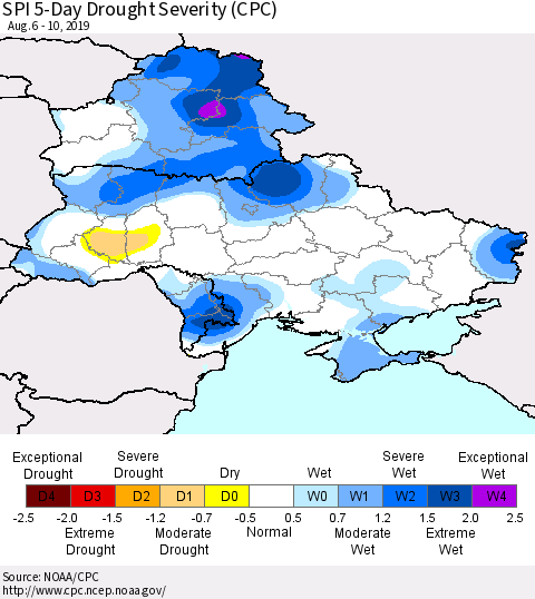 Ukraine, Moldova and Belarus SPI 5-Day Drought Severity (CPC) Thematic Map For 8/6/2019 - 8/10/2019