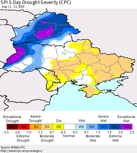 Ukraine, Moldova and Belarus SPI 5-Day Drought Severity (CPC) Thematic Map For 8/11/2019 - 8/15/2019