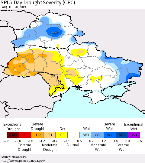 Ukraine, Moldova and Belarus SPI 5-Day Drought Severity (CPC) Thematic Map For 8/16/2019 - 8/20/2019