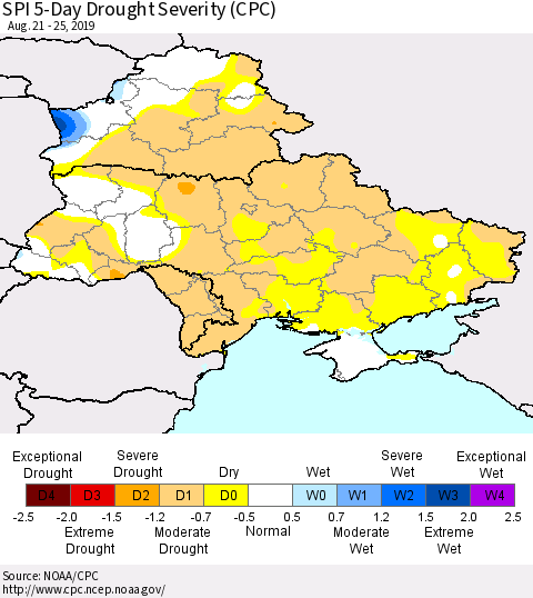 Ukraine, Moldova and Belarus SPI 5-Day Drought Severity (CPC) Thematic Map For 8/21/2019 - 8/25/2019