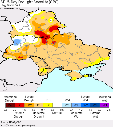 Ukraine, Moldova and Belarus SPI 5-Day Drought Severity (CPC) Thematic Map For 8/26/2019 - 8/31/2019
