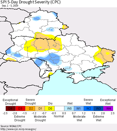 Ukraine, Moldova and Belarus SPI 5-Day Drought Severity (CPC) Thematic Map For 9/1/2019 - 9/5/2019