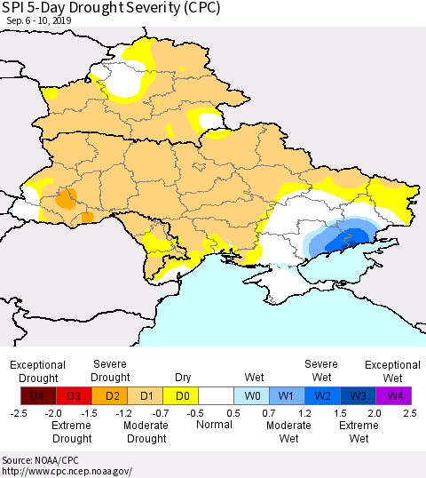 Ukraine, Moldova and Belarus SPI 5-Day Drought Severity (CPC) Thematic Map For 9/6/2019 - 9/10/2019