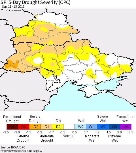 Ukraine, Moldova and Belarus SPI 5-Day Drought Severity (CPC) Thematic Map For 9/11/2019 - 9/15/2019