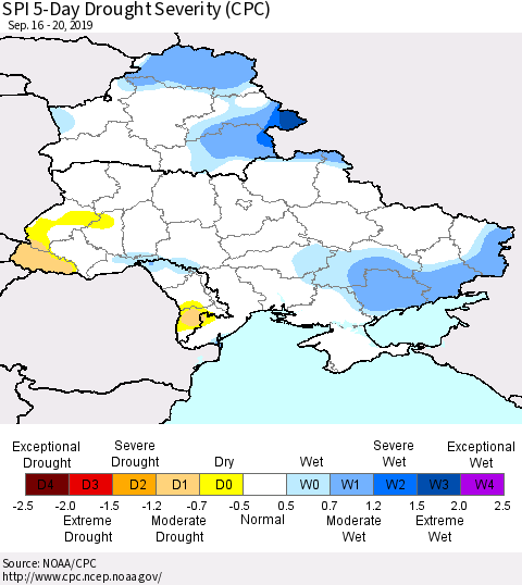 Ukraine, Moldova and Belarus SPI 5-Day Drought Severity (CPC) Thematic Map For 9/16/2019 - 9/20/2019