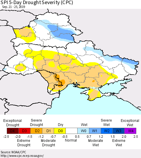Ukraine, Moldova and Belarus SPI 5-Day Drought Severity (CPC) Thematic Map For 9/21/2019 - 9/25/2019