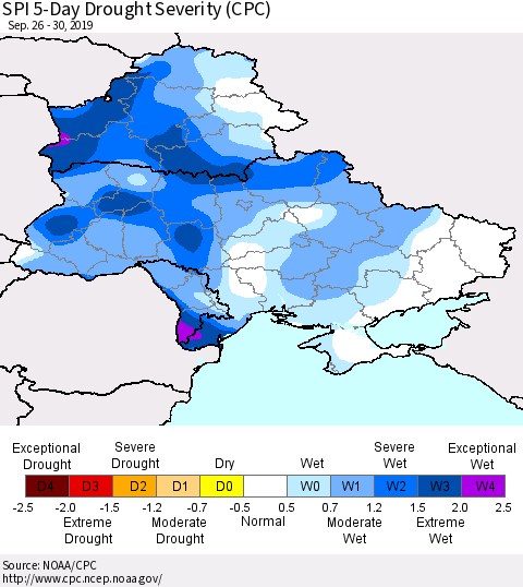 Ukraine, Moldova and Belarus SPI 5-Day Drought Severity (CPC) Thematic Map For 9/26/2019 - 9/30/2019