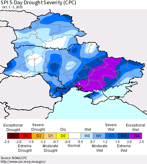 Ukraine, Moldova and Belarus SPI 5-Day Drought Severity (CPC) Thematic Map For 10/1/2019 - 10/5/2019