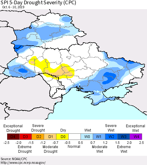 Ukraine, Moldova and Belarus SPI 5-Day Drought Severity (CPC) Thematic Map For 10/6/2019 - 10/10/2019