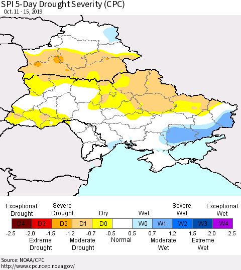 Ukraine, Moldova and Belarus SPI 5-Day Drought Severity (CPC) Thematic Map For 10/11/2019 - 10/15/2019