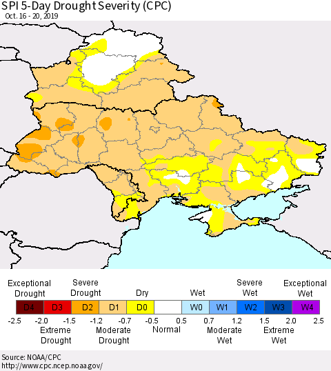 Ukraine, Moldova and Belarus SPI 5-Day Drought Severity (CPC) Thematic Map For 10/16/2019 - 10/20/2019