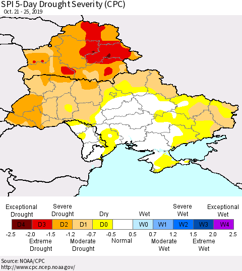 Ukraine, Moldova and Belarus SPI 5-Day Drought Severity (CPC) Thematic Map For 10/21/2019 - 10/25/2019