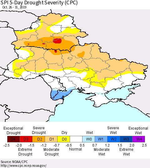 Ukraine, Moldova and Belarus SPI 5-Day Drought Severity (CPC) Thematic Map For 10/26/2019 - 10/31/2019