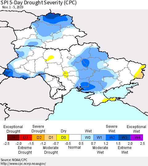 Ukraine, Moldova and Belarus SPI 5-Day Drought Severity (CPC) Thematic Map For 11/1/2019 - 11/5/2019