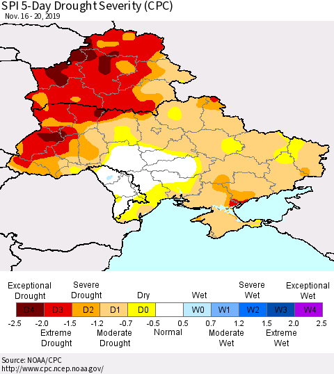 Ukraine, Moldova and Belarus SPI 5-Day Drought Severity (CPC) Thematic Map For 11/16/2019 - 11/20/2019