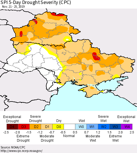 Ukraine, Moldova and Belarus SPI 5-Day Drought Severity (CPC) Thematic Map For 11/21/2019 - 11/25/2019