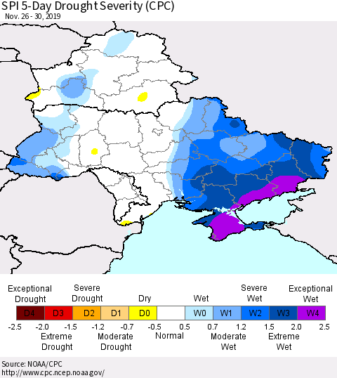 Ukraine, Moldova and Belarus SPI 5-Day Drought Severity (CPC) Thematic Map For 11/26/2019 - 11/30/2019