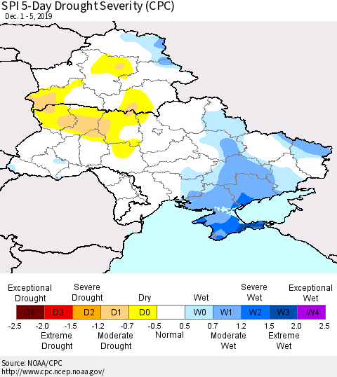 Ukraine, Moldova and Belarus SPI 5-Day Drought Severity (CPC) Thematic Map For 12/1/2019 - 12/5/2019