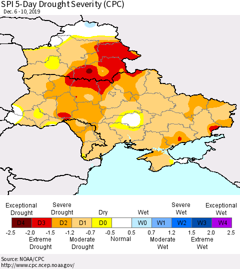 Ukraine, Moldova and Belarus SPI 5-Day Drought Severity (CPC) Thematic Map For 12/6/2019 - 12/10/2019