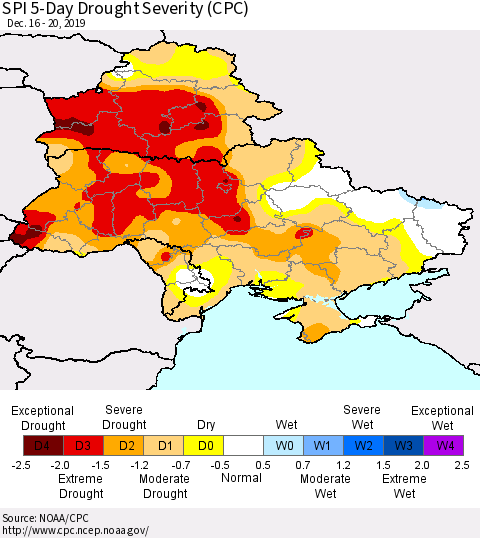 Ukraine, Moldova and Belarus SPI 5-Day Drought Severity (CPC) Thematic Map For 12/16/2019 - 12/20/2019