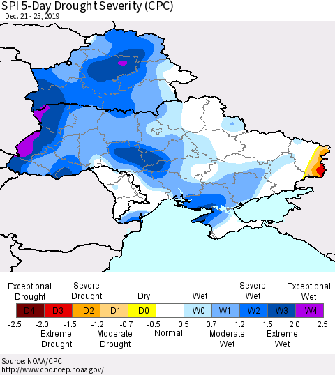 Ukraine, Moldova and Belarus SPI 5-Day Drought Severity (CPC) Thematic Map For 12/21/2019 - 12/25/2019
