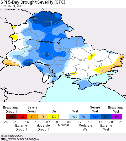 Ukraine, Moldova and Belarus SPI 5-Day Drought Severity (CPC) Thematic Map For 12/26/2019 - 12/31/2019