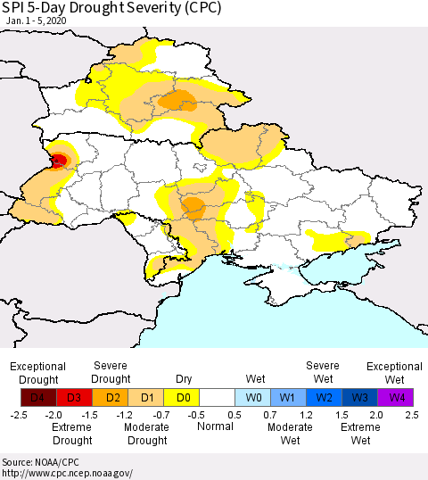 Ukraine, Moldova and Belarus SPI 5-Day Drought Severity (CPC) Thematic Map For 1/1/2020 - 1/5/2020