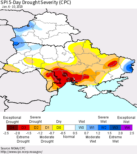 Ukraine, Moldova and Belarus SPI 5-Day Drought Severity (CPC) Thematic Map For 1/6/2020 - 1/10/2020