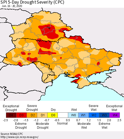 Ukraine, Moldova and Belarus SPI 5-Day Drought Severity (CPC) Thematic Map For 1/16/2020 - 1/20/2020