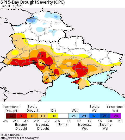 Ukraine, Moldova and Belarus SPI 5-Day Drought Severity (CPC) Thematic Map For 1/21/2020 - 1/25/2020
