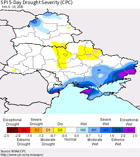 Ukraine, Moldova and Belarus SPI 5-Day Drought Severity (CPC) Thematic Map For 2/6/2020 - 2/10/2020