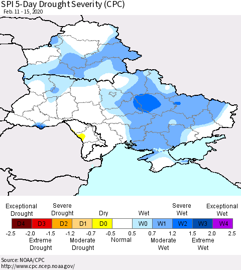 Ukraine, Moldova and Belarus SPI 5-Day Drought Severity (CPC) Thematic Map For 2/11/2020 - 2/15/2020