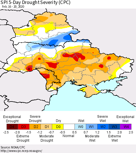 Ukraine, Moldova and Belarus SPI 5-Day Drought Severity (CPC) Thematic Map For 2/16/2020 - 2/20/2020